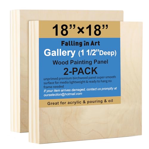 Falling in Art 2 Pack Unfinished Wooden Canvas Panels, 18x18 Gallery Birch Wood Panels Kit, 1 1/2" Deep Art Cradle Boards for Acrylic Painting, Pouring and Burning - size: 18*18 2 Pack