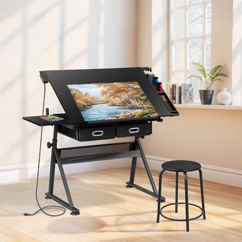 ZENY Adjustable Drafting Table with Stool, Tilting Drawing Desk Artist Table with Storage Drawers, Art Craft Workstation for Home Office Reading, Writing, Crafting (Black-with Outlet) - color: Black-with Outlet
