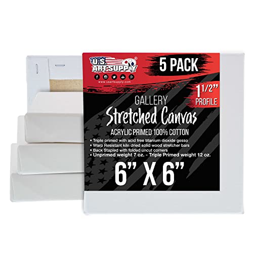 U.S. Art Supply Square Stretched Canvas for Painting 6x6 inch Gallery Depth 1-1/2" Thick, 5-Pack - 12oz Acrylic Gesso Triple Primed, Professional Artist Quality, 100% Cotton - Pouring, Oil Paint - size: 6" x 6"
