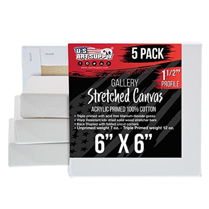 U.S. Art Supply Square Stretched Canvas for Painting 6x6 inch Gallery Depth 1-1/2" Thick, 5-Pack - 12oz Acrylic Gesso Triple Primed, Professional Artist Quality, 100% Cotton - Pouring, Oil Paint - size: 6" x 6"
