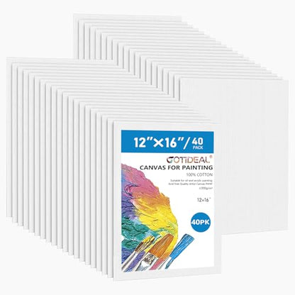 Gotideal Canvas Boards for Painting, 40pcs 12x16 Primed Canvas for Painting, Bulk Painting Canvas for Kids and Adults, White Blank Canvas Panels for Acrylic, Oil, Pour Art Supplies - size: 12x16 inch