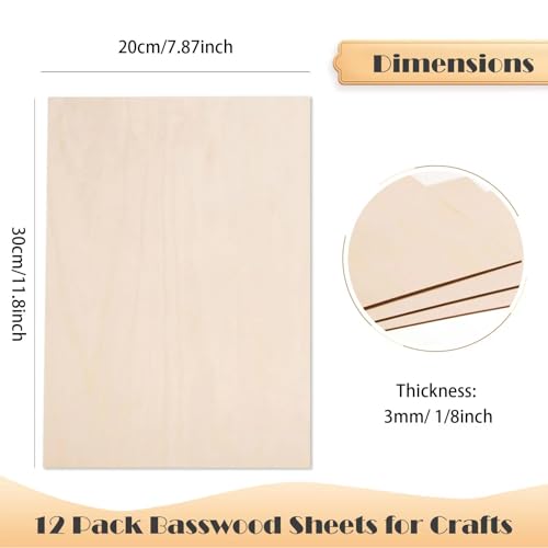 AWIZOM 12 Pack Basswood Sheets for Crafts-12 x 8 x 1/8 Inch- 3mm Thick Plywood Sheets with Smooth Surfaces-Unfinished Wood Boards for Laser Cutting, Wood Burning, Architectural Models, Staining - size: 12 x 8 inch