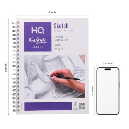 HQ Finestroke Sketchbook, Side Wiro Drawing Pad, 9 x 12 Inches, 100 Sheets, 80 GSM Paper, JK Tuffcote Cover