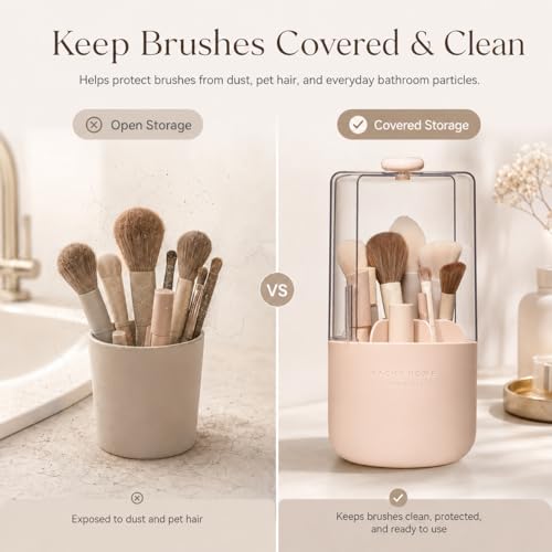 EACHY Makeup Brush Holder with Lid, 360° Rotating Vanity Organizer for Brushes, Dustproof Cosmetic Display Case, 7 Compartments, Waterproof Plastic (Pink) - color: Pink