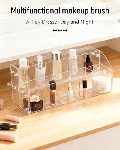 Multi-Compartment Clear Acrylic Pen Holder for Desk | Slanted Desktop Pencil Organizer & Marker Storage Case | Premium Hardware Stationary Cup for Home & Office (2 Tier) - size: 2 Layers