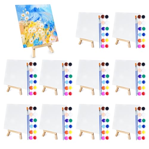 10 Set Mini Acrylic Paint Set, Mini Canvas Painting Kit, Small Canvas with Easel, Acrylic Paints,Brush, Minis Easel with Canvases for Kids Adults Classroom Birthday Painting Party (5.9 x 5.9Inch) - color: 6 x 6Inch