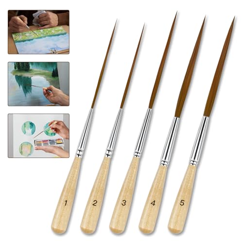 5Pcs Long Liner Brushes - Ox Ear Hair Detail Paint Brushes Extra Long Fine Point | Pinstriping, Scroll Outlining for Watercolor, Acrylic, Oil & Pro Artists