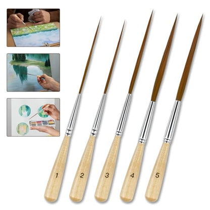5Pcs Long Liner Brushes - Ox Ear Hair Detail Paint Brushes Extra Long Fine Point | Pinstriping, Scroll Outlining for Watercolor, Acrylic, Oil & Pro Artists