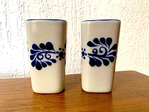 Hand-Painted Mexican Ceramic Shot Glasses, Square Tequilero Cups – 2 oz Each, Set of 2 – Colonial White with Blue Design – Tequila, Mezcal & Sangrita - White Cuadrado