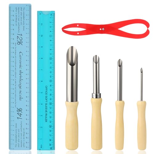 7Pcs Pottery Tools Set Includes Clay Sculpture Ceramic Shrinkage Scale Ruler, Standard Ruler, Bent-Leg Plastic Caliper, Stainless Steel Circular Clay Hole Cutters for Carving Shaping Modeling Drilling