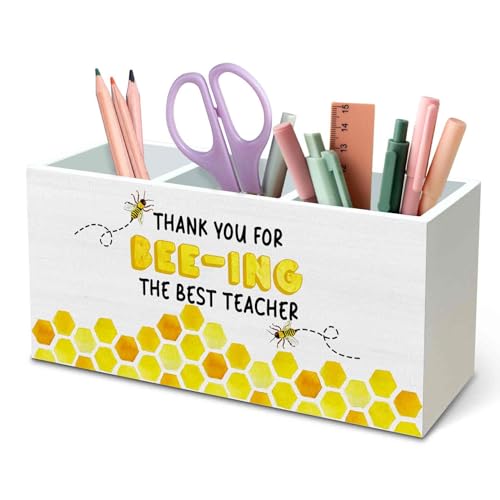 DILSJ Thank You Teacher Gifts Pen Pencil Holder Organizer for Desk, Teacher Appreciation Gifts, Thank You for Bee-Ing the Best Teacher Bee Themed Wooden Box Signs for Woman Office & School Supplies - color: Bee