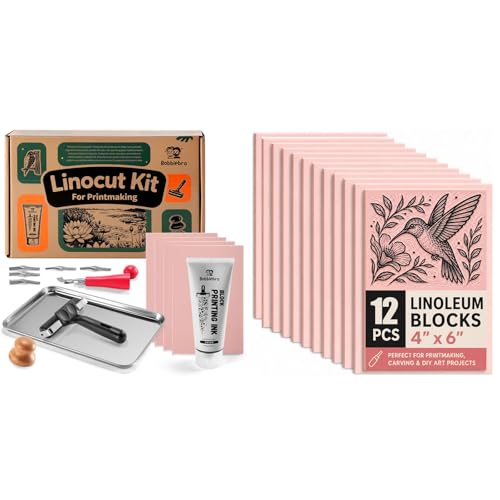 Bobblebro Linocut Kit for Printmaking with Black Ink, 12 Soft Rubber Blocks, Brayer, Carving Tools and Transfer Papers for DIY Art Projects
