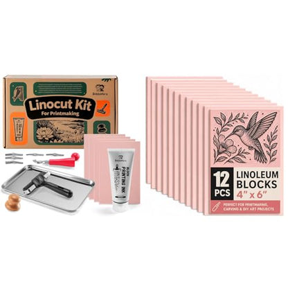 Bobblebro Linocut Kit for Printmaking with Black Ink, 12 Soft Rubber Blocks, Brayer, Carving Tools and Transfer Papers for DIY Art Projects