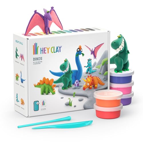 Hey Clay 15 Cans Set - Colourful Modelling Kids Air-Dry Clay 15 Cans with Sculpting Tools and Fun Interactive Instructions for Children Age 3+ (Dinos) - style: Dinos