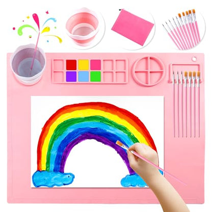 DIYDEC Silicone Craft Mat with Detachable Cup 20X16 Inch Large Silicone Painting Mat for Kids Art Supplies with 10 Painting Brushes Drawing Sheets for Adult DIY Accessories (Pink) - color: Pink