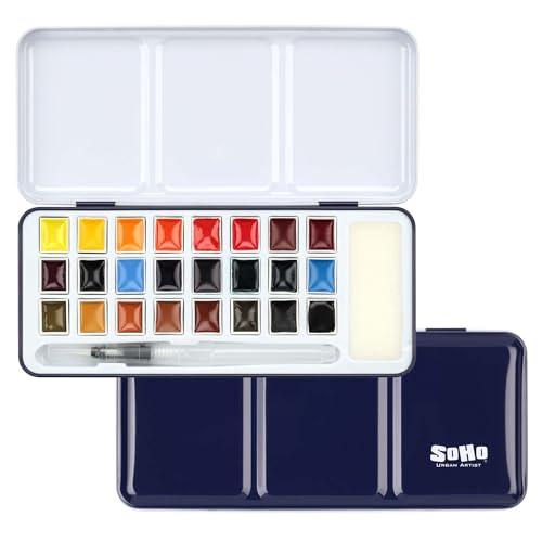 Soho Urban Artist Semi-Moist Watercolor Set - Professional Watercolor Paint Set with 24 Half Pans, Brush Pen and Sponge - Compact and Portable Watercolor Kit - Easy to Lift Colors
