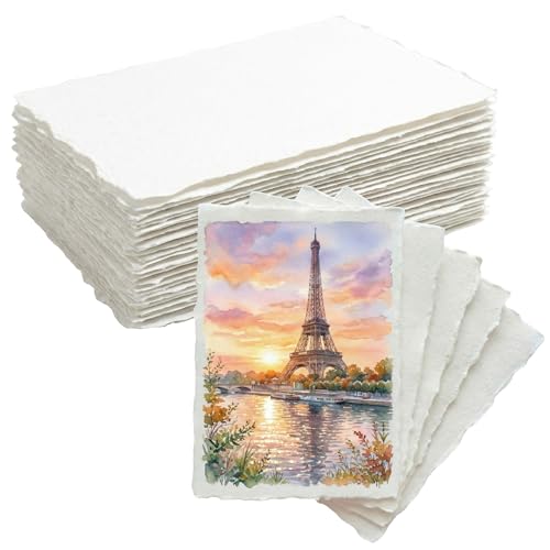 ANSSDO 60 Sheets Deckled Edge Watercolor Paper 4x6 Inch | 300 GSM/140lb Handmade Watercolor Paper Thick Cotton Handmade Paper for Watercolors, Wedding Invitations or Printing - size: 4 x 6