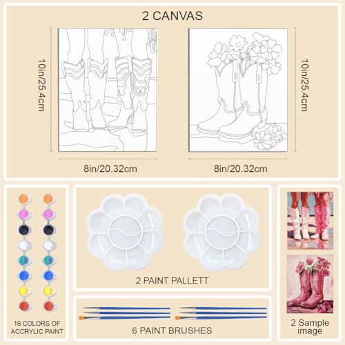 WEBEEDY Pre Drawn Canvas for Painting Retro Canvas Painting Set with Pink Cowgirl Boots Pattern,Outline Painting Boards for Beginners Funky Room Wall Art Decor, 8 x 10 Inch/20 x 25cm