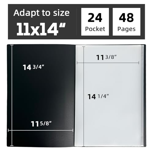 JJRING 11x14 Art Portfolio Folder with Plastic Sleeves, 24-Pocket Portfolio Binder Displaying 48 Pages, Presentation Book with Black Inner Paper for Artwork Storage, Black - size: 11*14