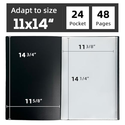 JJRING 11x14 Art Portfolio Folder with Plastic Sleeves, 24-Pocket Portfolio Binder Displaying 48 Pages, Presentation Book with Black Inner Paper for Artwork Storage, Black - size: 11*14