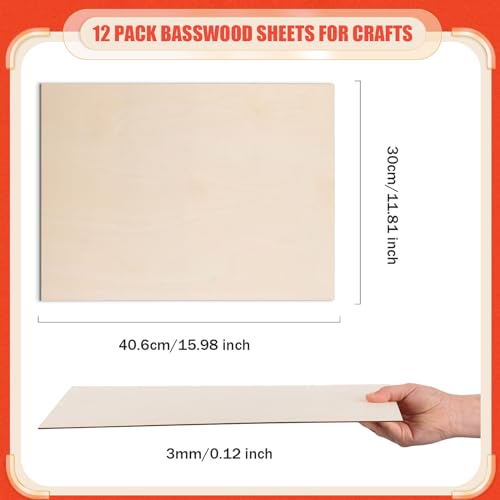 AWIZOM 12 Pack Basswood Sheets for Crafts-12 x 16 x 1/8 Inch- 3mm Thick Plywood Sheets with Smooth Surfaces Unfinished Wood Boards for Laser Cutting, Wood Burning, Architectural Models, Staining - size: 12 x 16 inch