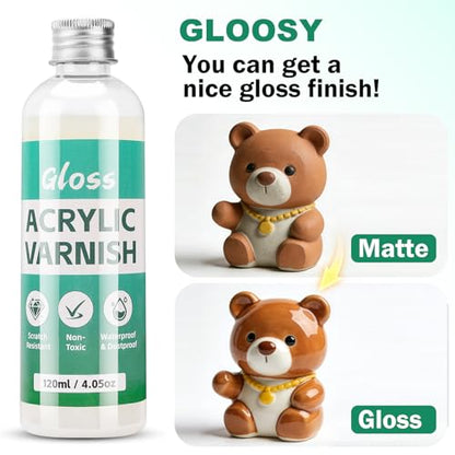 Air Dry Clay Glaze, Clay Varnish for Air Drying Clay, Clear Acrylic Varnish for Craft Pottery Waterproof Gloss Finish，Prevent Clay Cracking, Scratches(120ml)