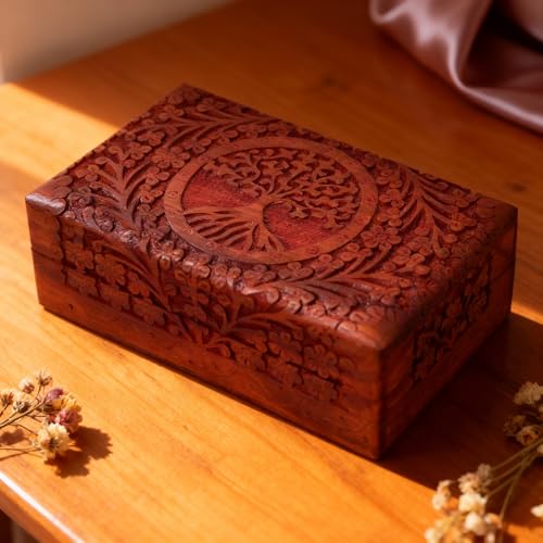 GURU JEE Wooden Indian Handmade Carving Box Tree of LifeTrinket Box Wood Jewelry Organizer Keepsake Box Perfect Gifts For Women 8x5x2.5 Inch - color: Tree Of Life_8X5