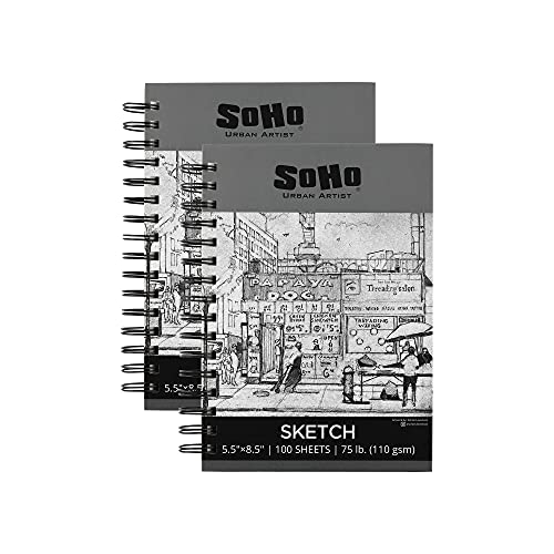 Soho Urban Artist 2 Pack 5.5x8.5 Sketchpad, 100 Sheets of Spiral Bound Sketch Book Paper (75lb/110gsm) for Artist Pro & Amateurs, Colored Pencil, Charcoal and Graphite for Sketching - size: 5.5x8.5 - Pack of 2