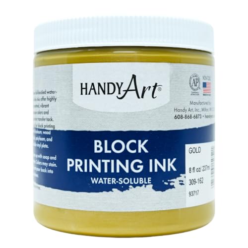 Handy Art Block Printing Ink, Metallic Gold, 8 oz Jar, Water-Soluble | Highly Pigmented Vibrant Opaque Color with Superior Transfer Tack, Water Soluble, Certified Safe & AP Non-Toxic, Made in USA - color: Gold, size: 8 Fl Oz