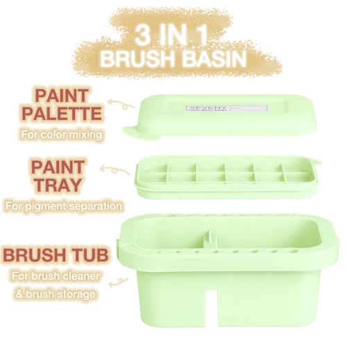 SEVENY Paint Brush Washer Basin with Lid, Green | Artist Brush Cleaning Container, Includes Sponges, For Oil Painting, Acrylic, Watercolor, Studio Organizer - color: Green