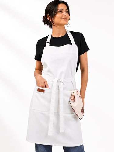 100% Cotton Kitchen Apron with 2 Pockets – Adjustable Chef Apron for Cooking Baking BBQ – Unisex Apron - color: White, size: Standard