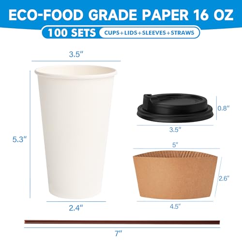 RACETOP 16 oz 100 Pack Disposable Paper Coffee Cups with Lids, Sleeves and Stirrers, Hot Cups, Paper Cups with Lids, Sleeves and Stirrers, Ideal for Home/Office - size: 16 oz