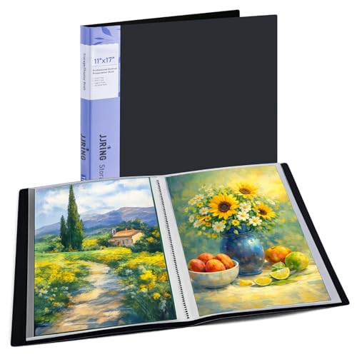 JJRING 11x17 Art Portfolio Folder with Plastic Sleeves, 24-Pocket Portfolio Binder Displaying 48 Pages, Presentation Book with Black Inner Paper for Artwork Storage, Black - size: 11*17