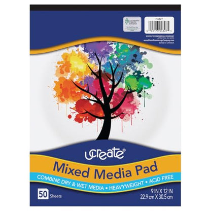UCREATE Heavyweight Mixed Media Paper Pad, 9" x 12", White, Acid-Free, 50 Sheets/Pad, Pack of 12 Pads, 600 Sheets Total