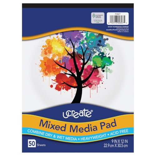 UCREATE Heavyweight Mixed Media Paper Pad, 9" x 12", White, Acid-Free, 50 Sheets/Pad, Pack of 12 Pads, 600 Sheets Total