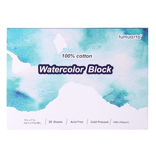 tumuarta Watercolor Block 100% Cotton, 5x7 in, 140LB, 300 GSM, 20 Sheets, Acid Free, Cold Press, Watercolor Paper Mixed Media Sketch Books for Watercolors, Acrylic, Gouache for Dry & Wet Techniques - size: 7"x5"
