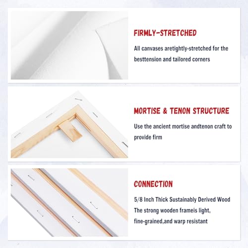 Stretched Canvas for Painting 12x16 Inch (4 Pack) - 100% Cotton Triple Primed White Artist Canvas Boards, Blank for Acrylic, Oil, Watercolor - Professional Art Supplies
