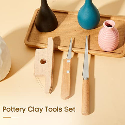 Amylove 3 Pieces Pottery Tools Cutting Clay Trimming Tool Includes Wood and Wire Bevel Cutter Fettling Knife for Pottery and Ceramics and Sculpting(Natural) - color: Natural