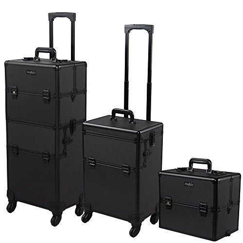 mefeir 2 in 1 Rolling Makeup Train Case Professional Cosmetic trolley on Wheels Aluminum Nail Cart Cosmetic Suitcase for professional makeup artist, Luggage Lockable w/4 Removable Wheels (Black) - color: 2IN1 Black