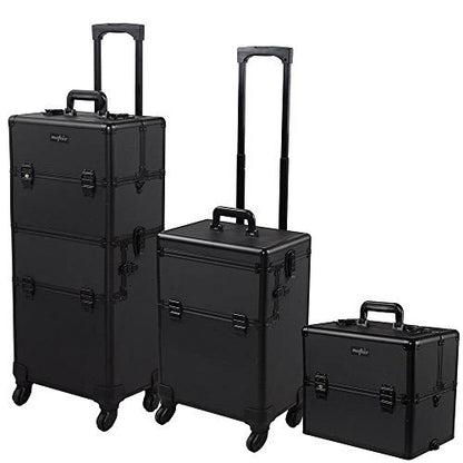mefeir 2 in 1 Rolling Makeup Train Case Professional Cosmetic trolley on Wheels Aluminum Nail Cart Cosmetic Suitcase for professional makeup artist, Luggage Lockable w/4 Removable Wheels (Black) - color: 2IN1 Black