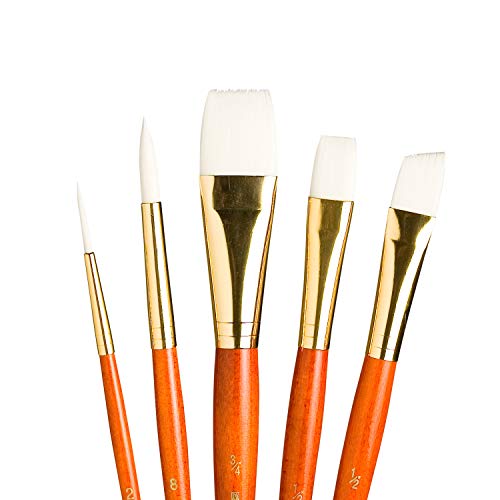 Princeton RealValue Brush Set, White Taklon, Orange Handle, 5 Piece, 1 Count - color: Orange, size: Rnd 8, Lnr 2,Ang Shadr 1/2,Wash 1/2,3/4