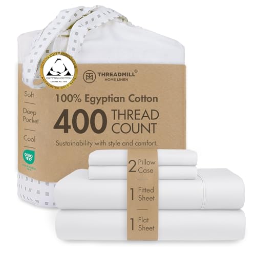 Threadmill Egyptian Cotton Queen Sheet Set | 100% Certified Egyptian Cotton Sheets for Queen Size Bed | Queen Bed Sheets Set with Snug Fit 16" Deep Pocket | Soft Cooling Sateen Bedding Set | White - color: Bright White Solid, size: Queen