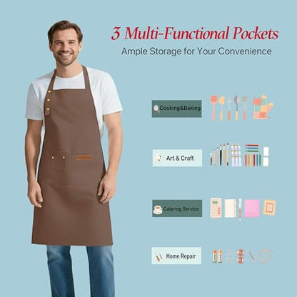 Kitchen Cooking Apron for Women Men Water-Resistant Artist Barista Baking Craft Catering Work Bib with Large Pockets - color: Brown