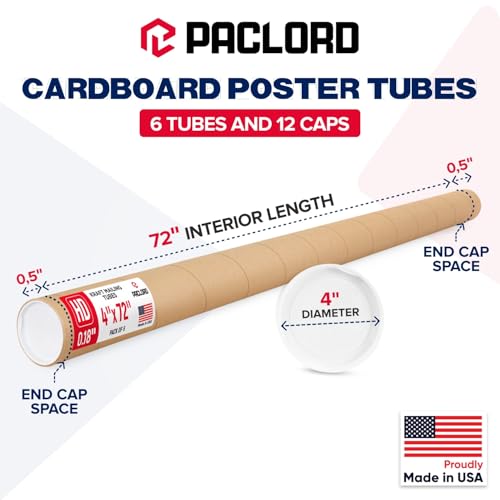4" x 72" Heavy-Duty Reinforced Cardboard Mailing Tube, Pack of 6 Tubes with 12 Caps – Secure USPS Approved – Great for Shipping and Storing of Prints, Artwork, Posters or Documents - size: 4" x 72", style: 2X Heavy-Duty