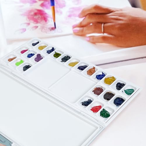 Falling in Art Airtight Leak-Proof Watercolor Palette, 24 Slightly Sloping Wells-3 Mixing Areas, 12 3/5 Inches by 6 2/7 Inches - size: 12.6" x 6.3" (24 Wells)