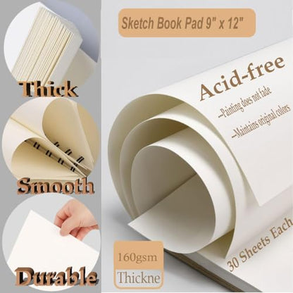 Sketch Book Pad, Drawing Paper 9" x 12" Spiral Bound (98lb/160gsm), Pack of 1, Durable Acid Free Sketchbook for Painting, 30 Sheets Each (1 Pack- 9"X12") - color: 1 Pack- 9"X12"