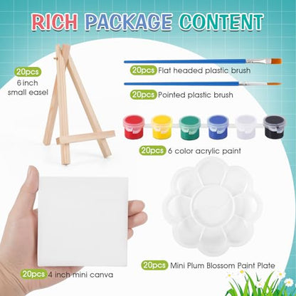 ESRICH 20 Set Mini Canvas Painting Kit, Minis Acrylic Paint Set, Valentines Day Gifts,4*4in Stretched Canvas with Easel, Acrylic Paints,Brushes,Palette,Mini Easel Canvas for Kids Adults Painting Party - size: 20 set 4 x 4 inches