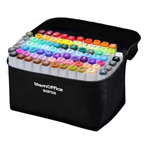 MemOffice Alcohol Markers, 80 Vibrant Colors Dual Tip Art Markers for Coloring, Drawing, Sketching, Broad & Fine, Seamless Blending, Quick Dry, for Adults & Beginners