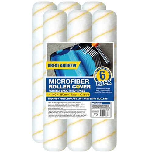 Great Andrew 6-Pack Paint Roller Covers, 14 Inch 1/2" Nap Microfiber Roller Sleeves for Walls, Ceilings, Smooth & Semi-Smooth Surfaces - size: 6pcs,14",Microfiber