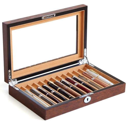 Fountain Pen Display Case with 12 Pens, Wood Pen Display Box, Lockable Pen Storage Box with Glass Top, Pen Box Organizer, Pen Collection Display Case (Brown with Camel Velvet) - color: brown 12 slots, camel velvet